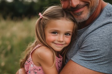 Fototapeta premium Little girl hiding behind father’s leg in park with shy expression