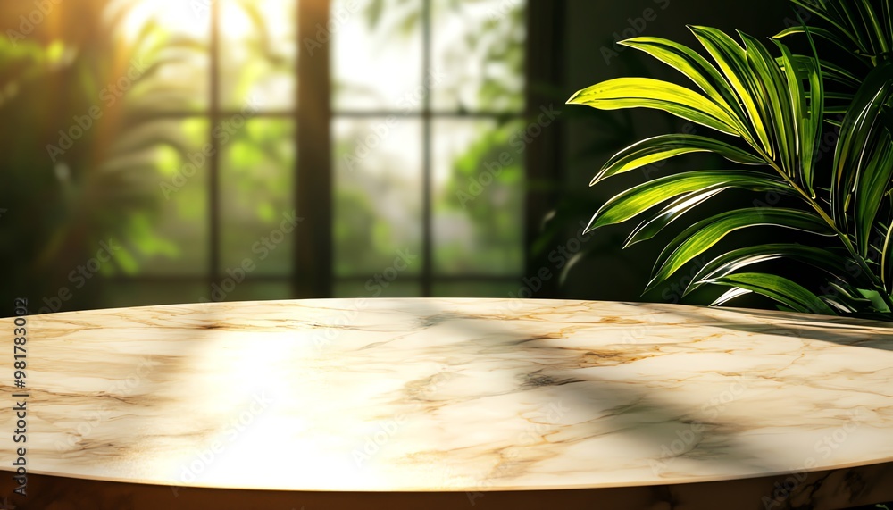 Poster a 3d beautifully lit marble table with lush greenery in the background, creating a serene and inviti