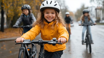 Joyful families biking together on shared electric scooters and bikes for a fun outdoor adventure