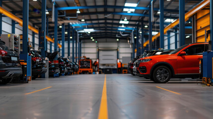 Wide view of an automotive workshop with multiple cars parked inside, showcasing a spacious, well-organized industrial environment.