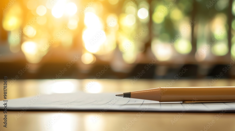 Poster a close-up of a pen resting on a blank notebook page, with a warm sunlight backdrop creating an insp