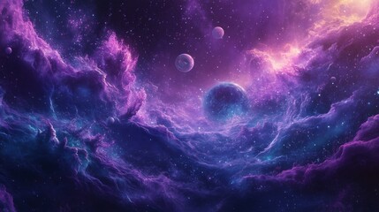 A Cosmic Landscape with Purple Nebulae and Planets