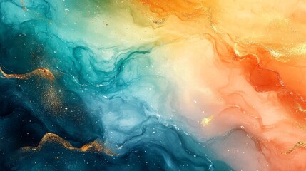 Fototapeta premium Abstract Swirling Blue and Orange Watercolor with Gold Glitter