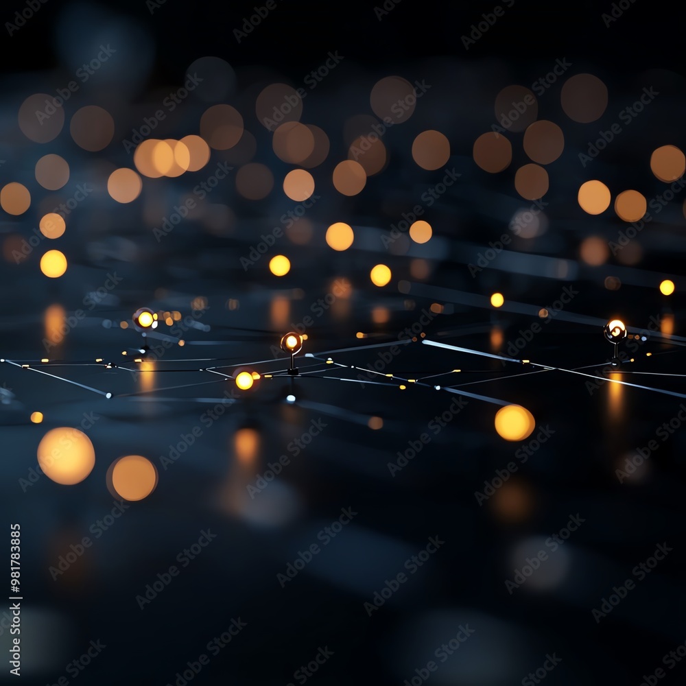 Poster a close-up view of glowing lights on a dark background, creating an abstract, digital atmosphere for