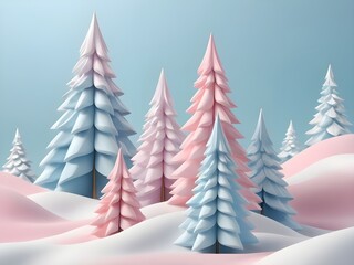 abstract Pastel Christmas trees in snow drifts festive realistic 3d new year composition. Soft pastel color blue pink white Xmas minimal abstract background