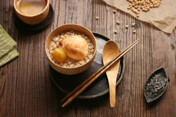 Japanese sweet: Zenzai with white azuki beans, Zenzai is a warm sweet soup made with azuki beans and sugar