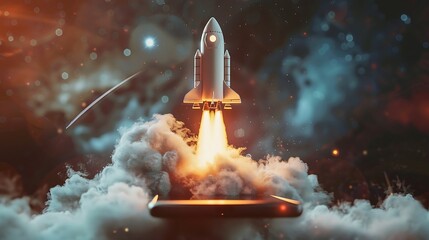 Obraz premium Space rocket takes off from mobile device.
