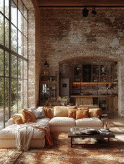 Cozy living room with exposed brick walls and a large sectional sofa.