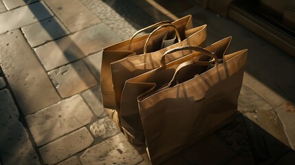 Paper shopping bags on wood floor.