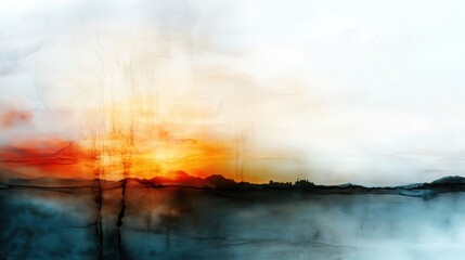 Obraz premium Minimalist abstract landscape painting featuring a serene spring sunrise for prints and posters