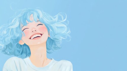 A cute girl with light blue hair laughing heartily in the sky, wearing an oversized shirt with blonde curls. The bright blue background enhances her joyful expression and carefree demeanor 