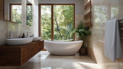Fototapeta premium Modern bathroom design with large windows and natural finishes for bright, relaxing interiors