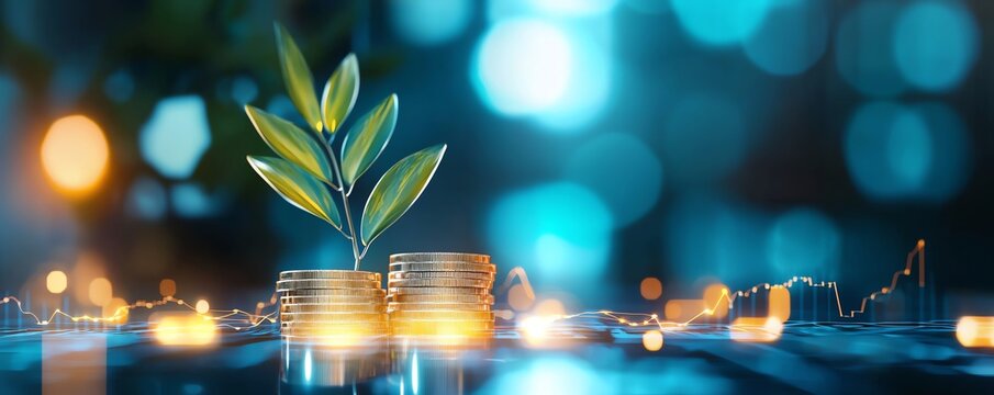 A fresh plant emerges from a stack of coins, symbolizing growth and investment in a vibrant, modern financial setting.
