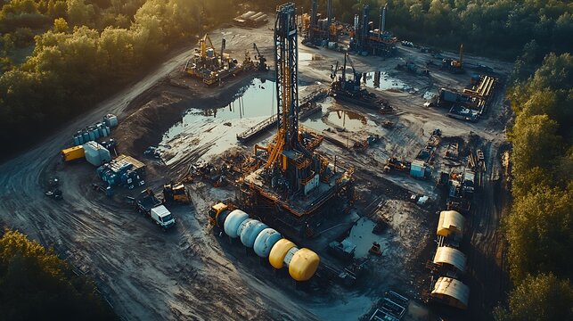 Fracking Operation: A fracking site in a rural area with drilling rigs, large water tanks, and trucks positioned around a well pad. The image captures the intensity of hydraulic fracturing,