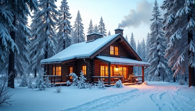 Cozy cabin in snowy forest with lights on in windows, warm inviting atmosphere