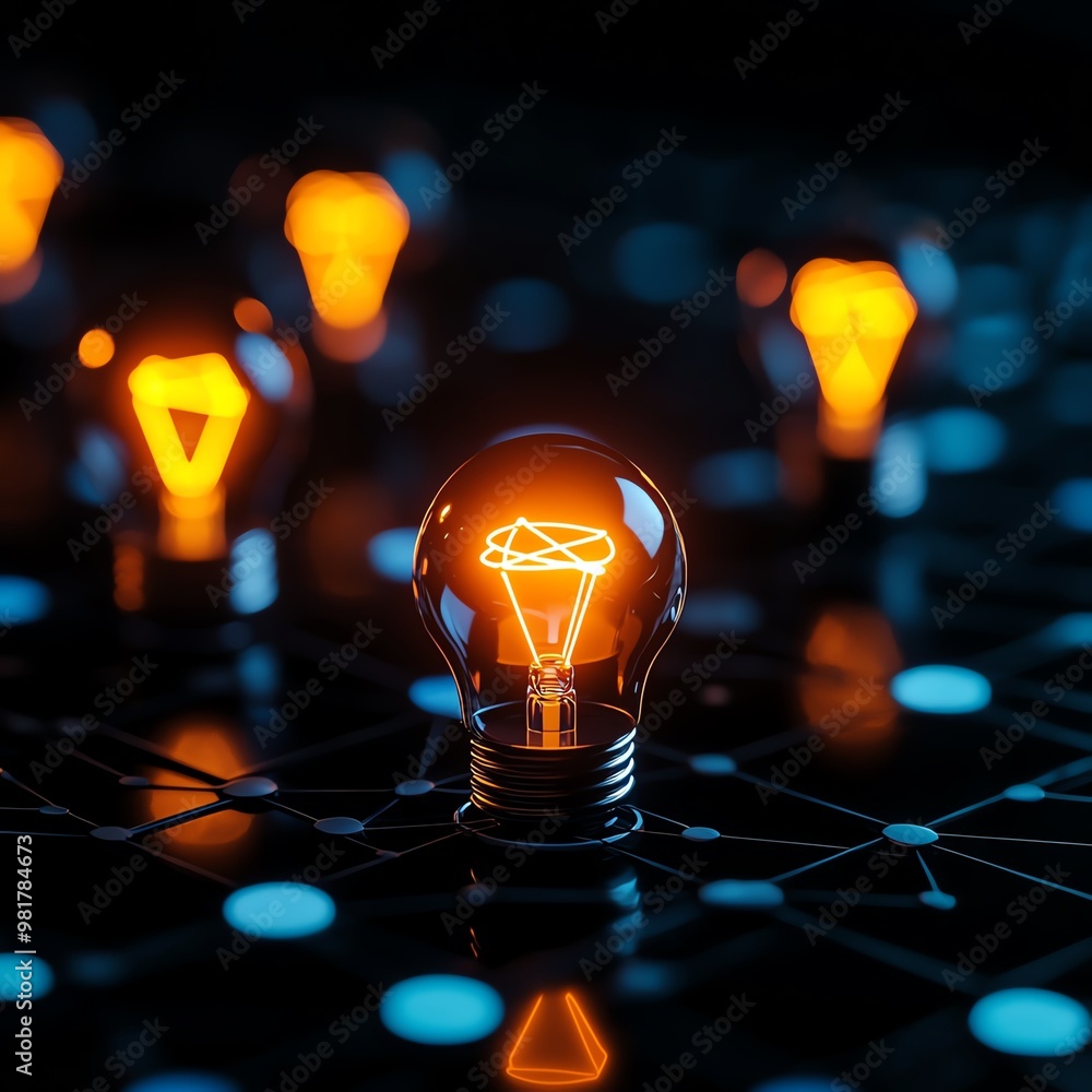 Poster a glowing light bulb representing innovation and creativity, surrounded by a network of illuminated 