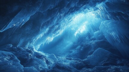 Glowing Blue Ice Cave with Icicle Formations
