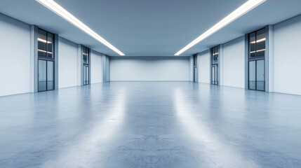 Empty room with grey walls and floor, multiple doors and ceiling lights.