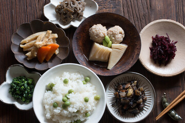 日本の家庭料理　豆ごはんの和食ランチ　Unpretentious Japanese home cooking, vegetable-based Japanese lunch