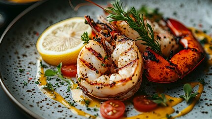 Grilled Lobster Tail and Shrimp with Lemon and Herbs on a Plate