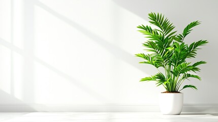 A 3D lush potted plant against a bright white wall with natural light creating soft shadows for a refreshing indoor atmosphere.