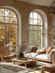 Cozy living room with large arched windows, white couch, and a wooden coffee table.