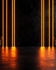 A modern dark studio with illuminated orange lines, perfect for artistic photography or creative backgrounds.