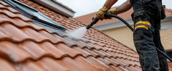 Roof maintenance and cleaning by worker using pressure washer for spring readiness and home improvement