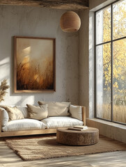 Cozy living room with a white sofa, wooden coffee table, and a large window with a view of trees.