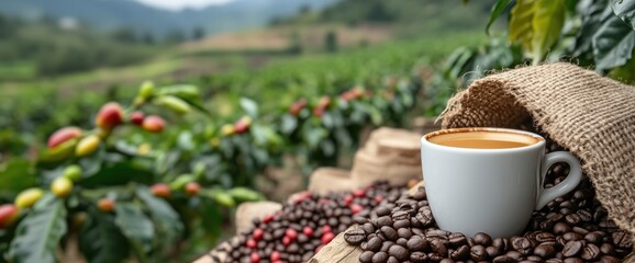 Rustic coffee cup amidst lush plantation for spring awakening vibe