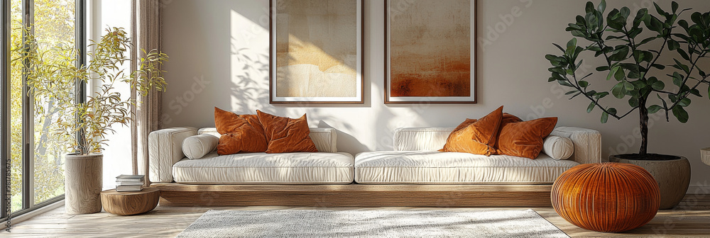 Canvas Prints Modern living room with a white couch and orange accents.