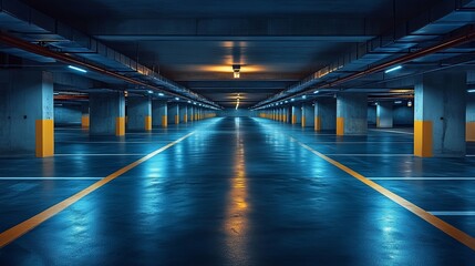 Empty, Blue-Lit Parking Garage with Yellow Lines