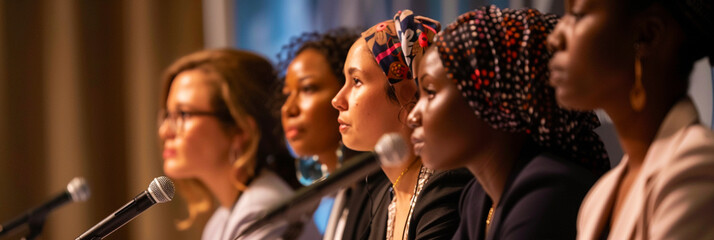 Women on a panel discussion at a conference.