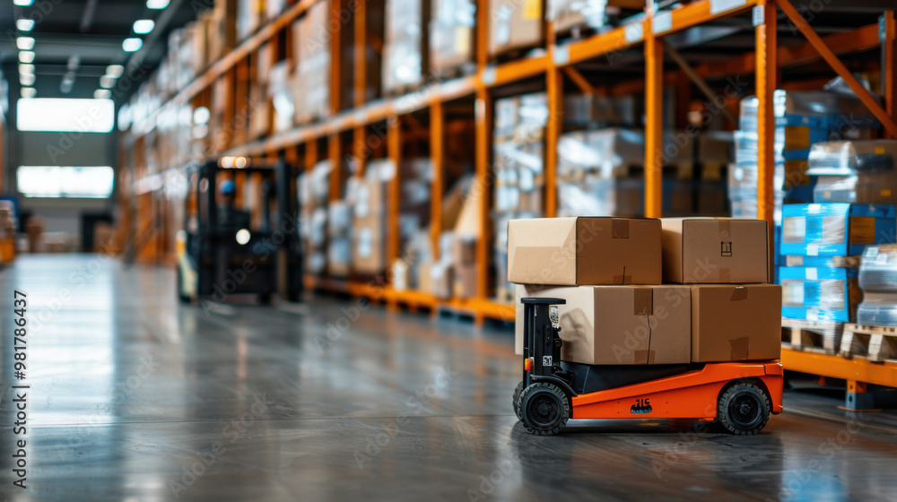 Poster an automated forklift transporting stacked boxes in a modern warehouse, showcasing efficiency in log