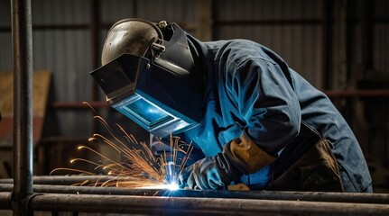 Welder working on a metal frame with protect