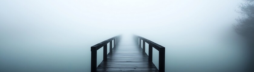 Obraz premium A serene wooden pier shrouded in fog, leading into a mysterious and tranquil water landscape.