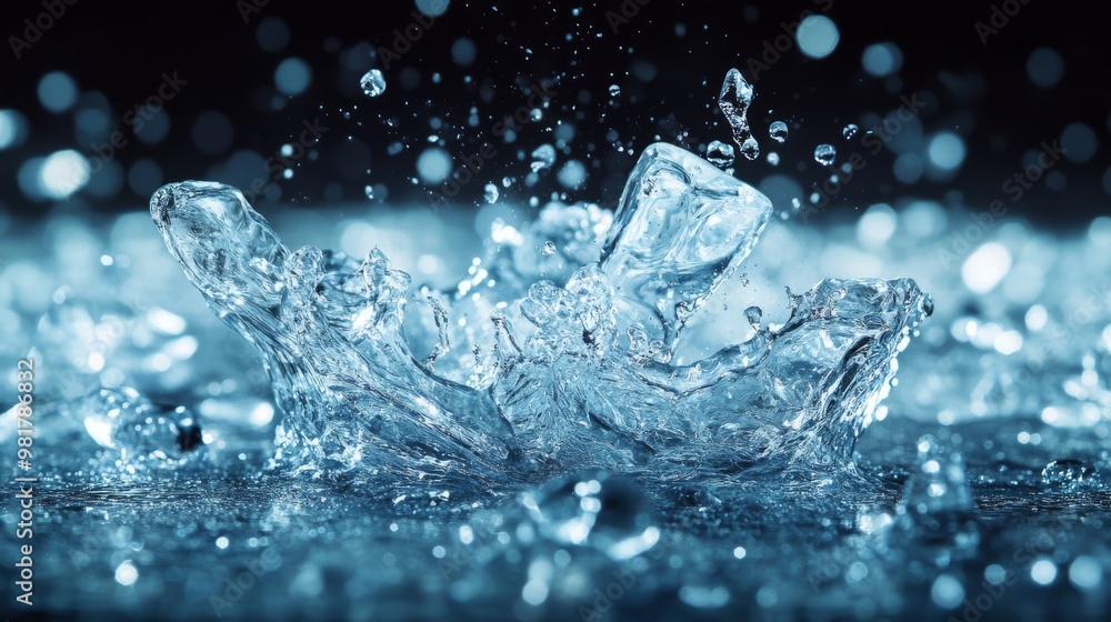 Poster ice cube splashing into water with blue bokeh background
