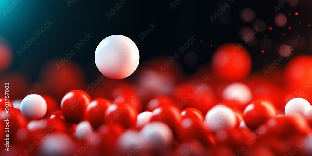 Poster a striking close-up of white and red spheres, creating a vibrant and dynamic visual effect with a bl