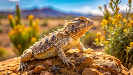 Fototapeta premium Horned lizard basking on a rock surrounded by dry desert vegetation