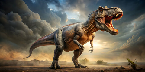 Fototapeta premium Majestic Tyrannosaurus Rex dinosaur in a fierce stance, prehistoric, carnivore, fossil, extinct, predator, ancient, teeth