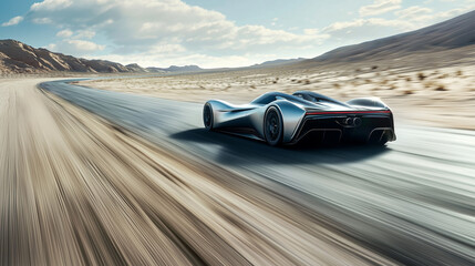 Obraz premium Silver Race Car on Empty Desert Road