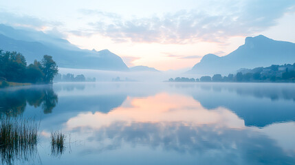 Fototapeta premium Serene Morning Light Over Calm Lake Landscape