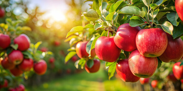 Lifestyle photo of ripe red apples on tree in orchard ready to be harvested , Apples, Tree, Orchard, Harvest, Ripe, Fruits