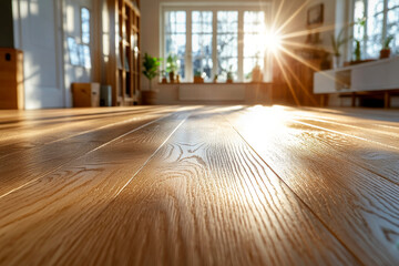 A cozy living room with sunlit hardwood floors, large windows, natural lighting, and modern furniture creating a warm and inviting atmosphere for relaxation and gatherings.