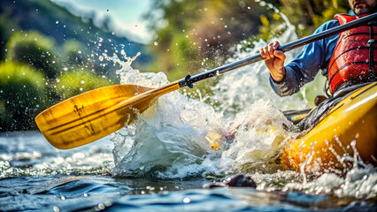 Fototapeta premium Close-up of a moving paddle during a kayak adventure, capturing the splash and excitement of navigating through water