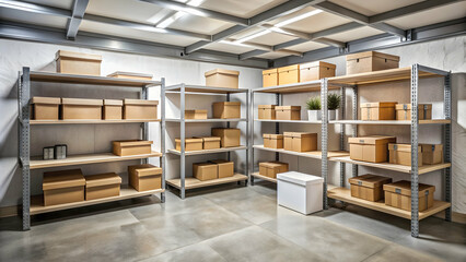Simple basement room with shelves and boxes used for storing household items, basement, storage, shelves, organization, clutter, boxes