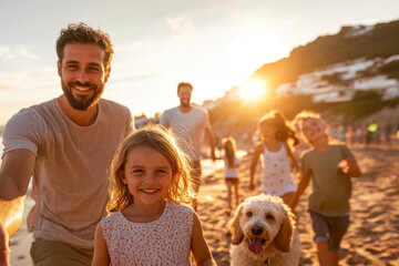 A happy family, including children and a dog, walking on the beach at sunset, capturing the warmth of family bonds and the joy of nature in a beautiful setting.