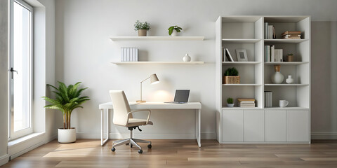 White-toned study room with a minimalist design, featuring a desk, chair, and bookshelf, minimalist, white, study room, interior