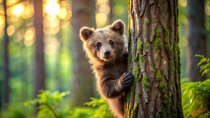 Cute baby bear playing on a tree in a forest , baby bear, playing, tree, forest, wildlife, adorable, nature, outdoor, cub, mammal