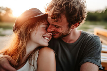 Fototapeta premium A couple embracing lovingly outdoors during sunset, with a soft glow highlighting their figures. They are dressed casually, enjoying a serene outdoor moment together.